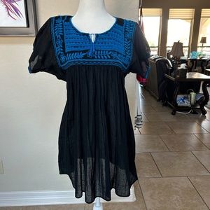 Handmade Mexican Black Dress with Blue Embroidery. NWOT
